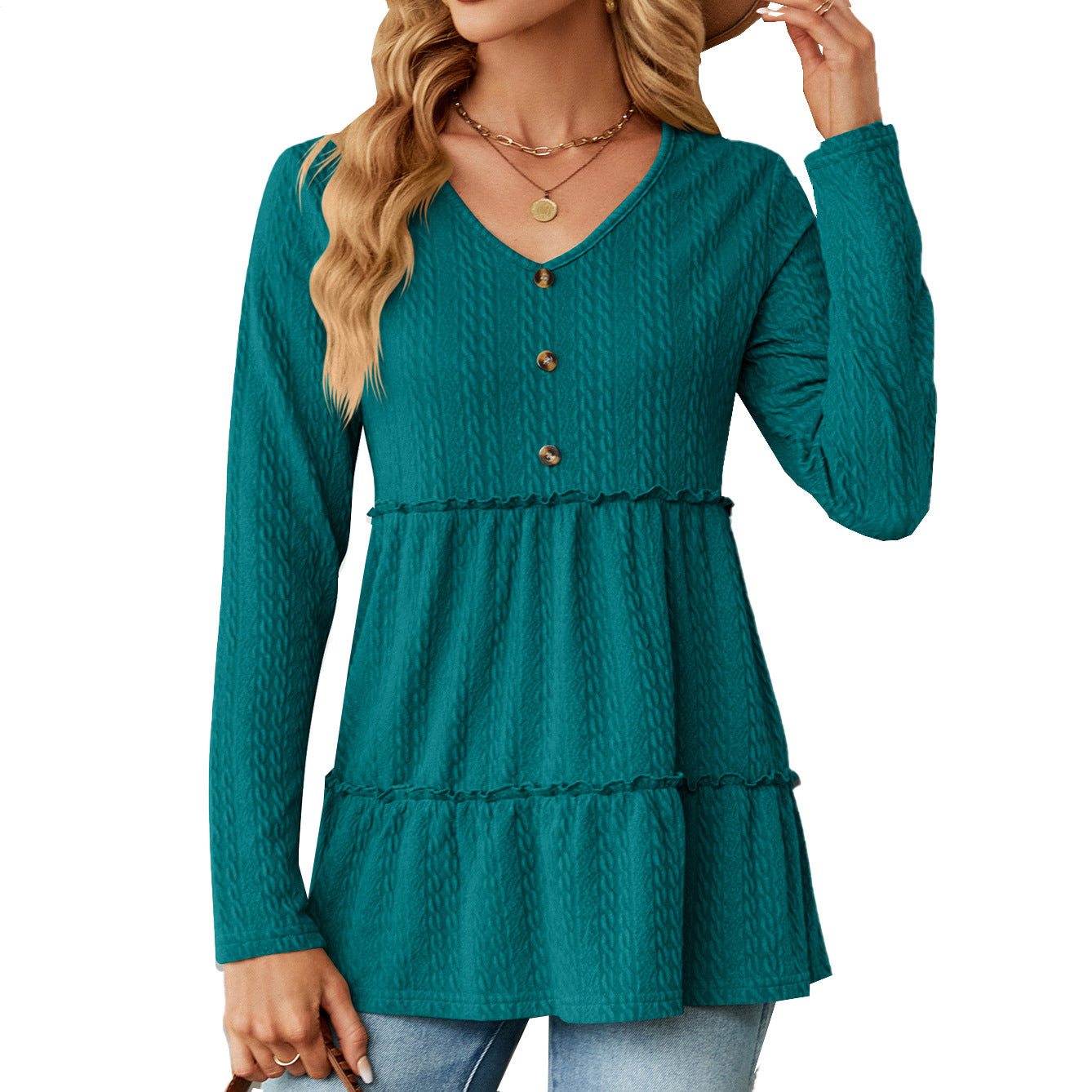 Wholesale Autumn and Winter V-neck Solid Color Button Stitching Long-sleeved Loose Top